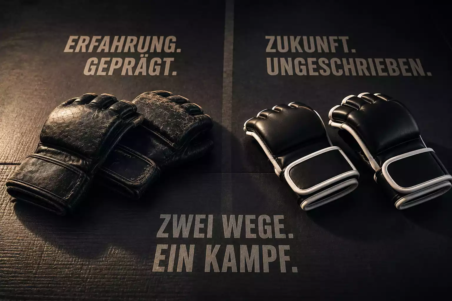 Abgenutzte MMA-Handschuhe neben neuen als Symbol für den Altersfaktor bei UFC-Wetten