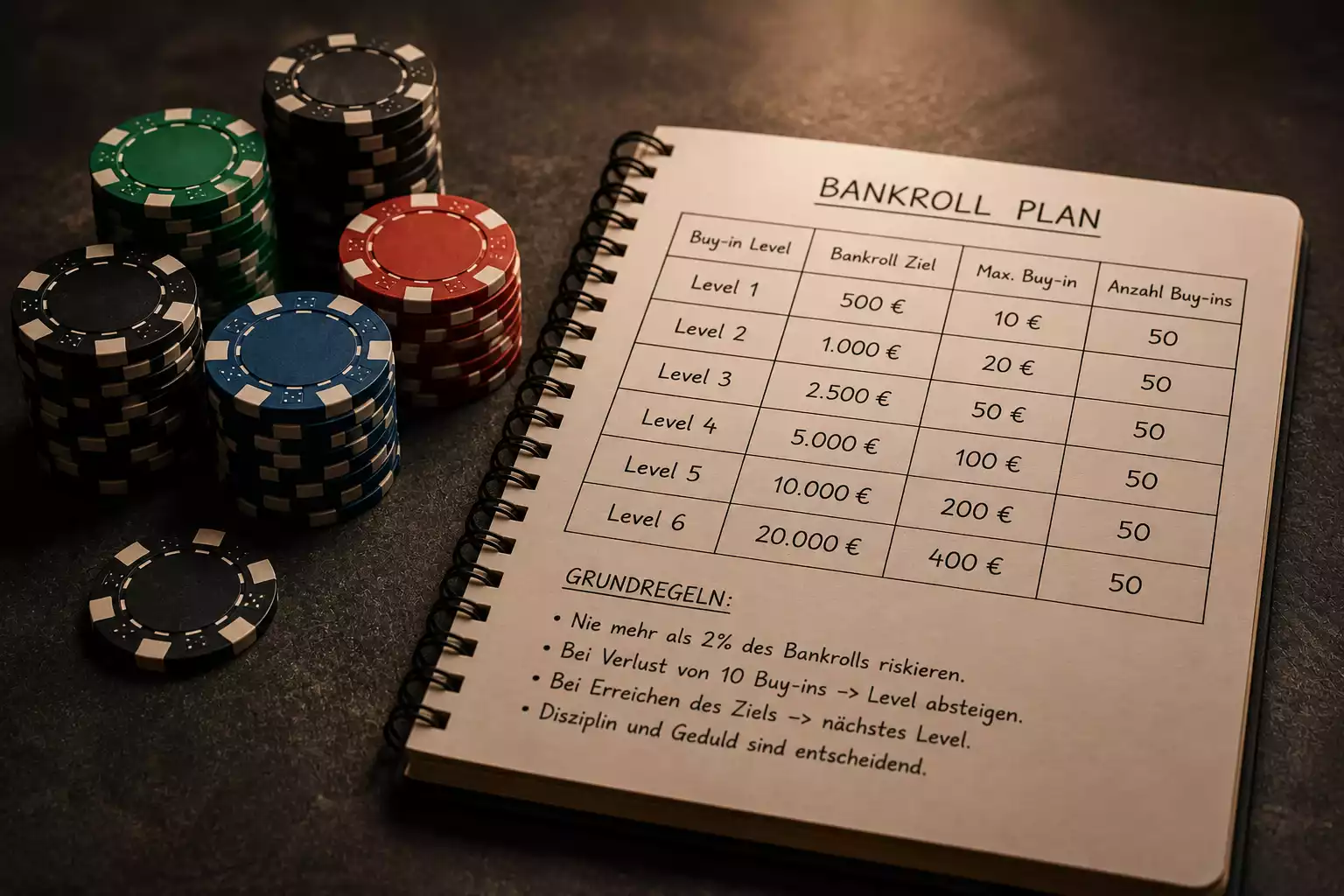 Gestapelte Pokerchips neben einem Notizbuch mit Einsatzplanung für UFC-Wetten