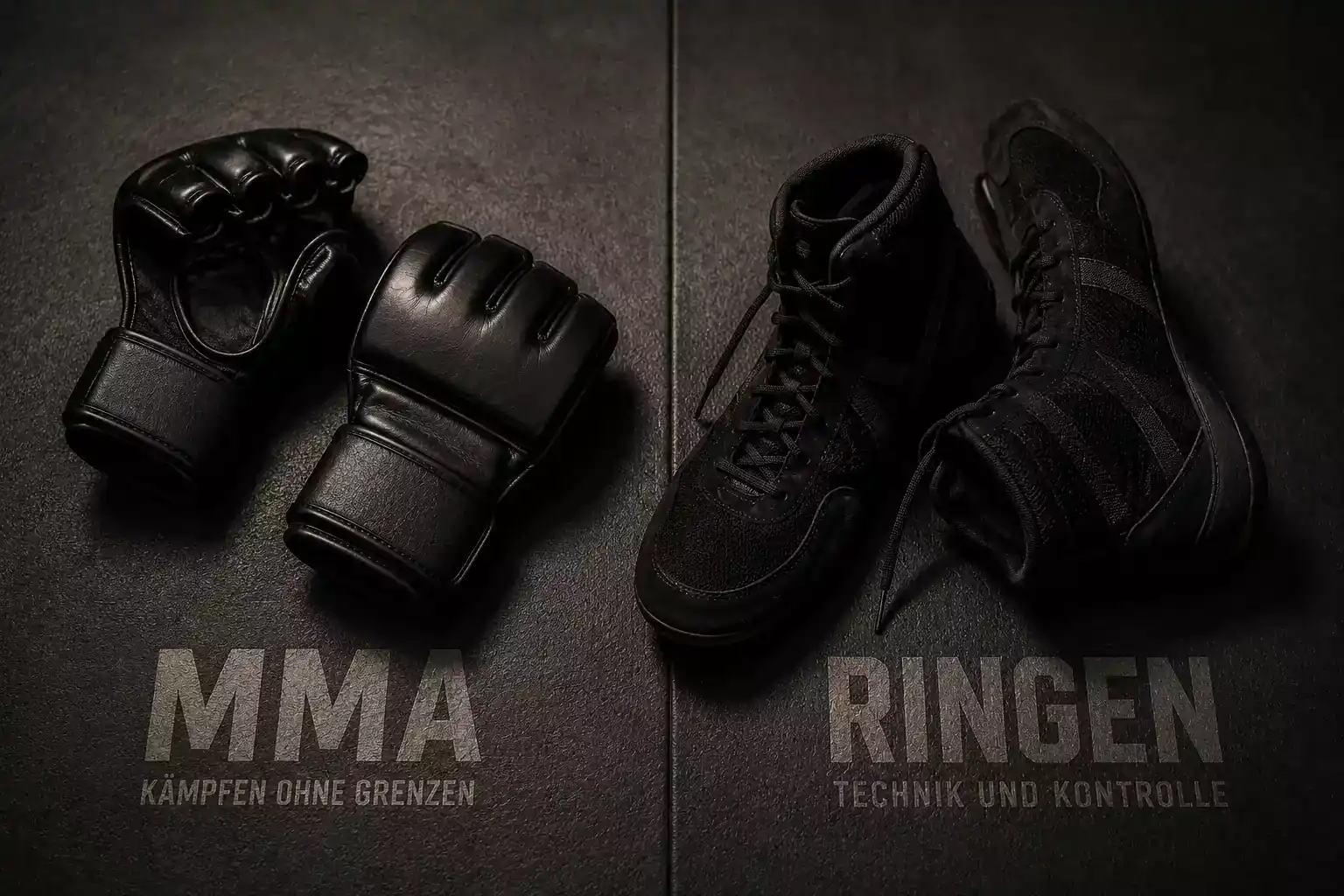 MMA-Handschuhe und Wrestling-Schuhe nebeneinander als Symbol für verschiedene Kampfstile