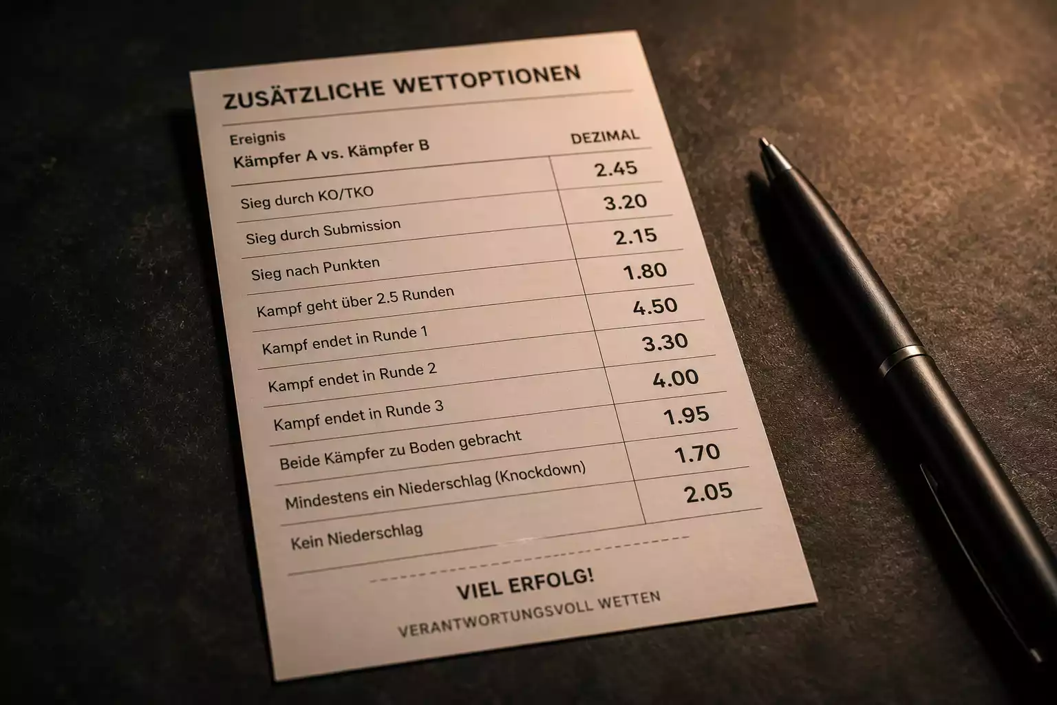 Nahaufnahme eines Wettscheins mit verschiedenen UFC-Spezialwetten und Quotenangaben