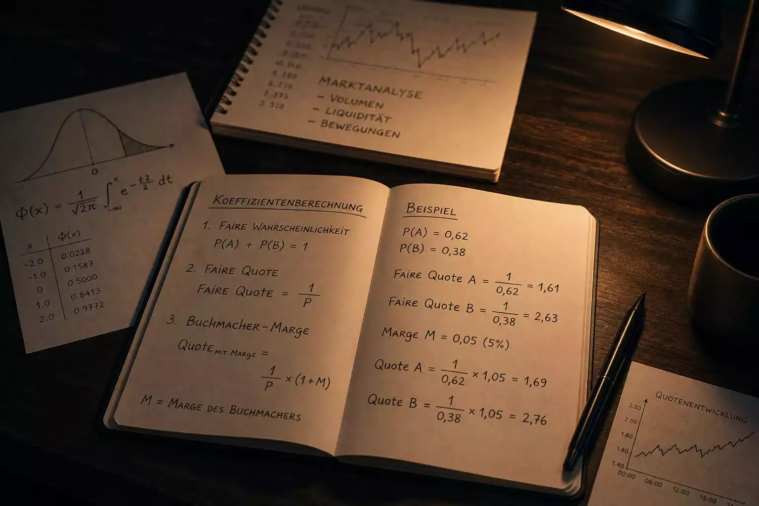 Notizbuch mit handgeschriebenen Quotenumrechnungen und einem Taschenrechner