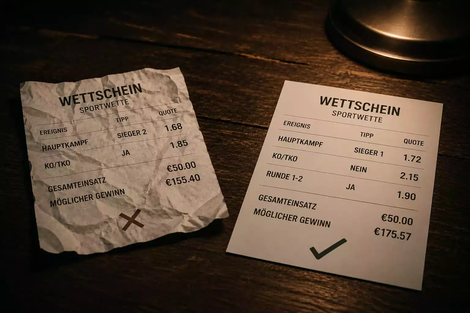 Zerknüllter Wettschein neben einem korrekten als Symbol für Fehler bei UFC-Wetten