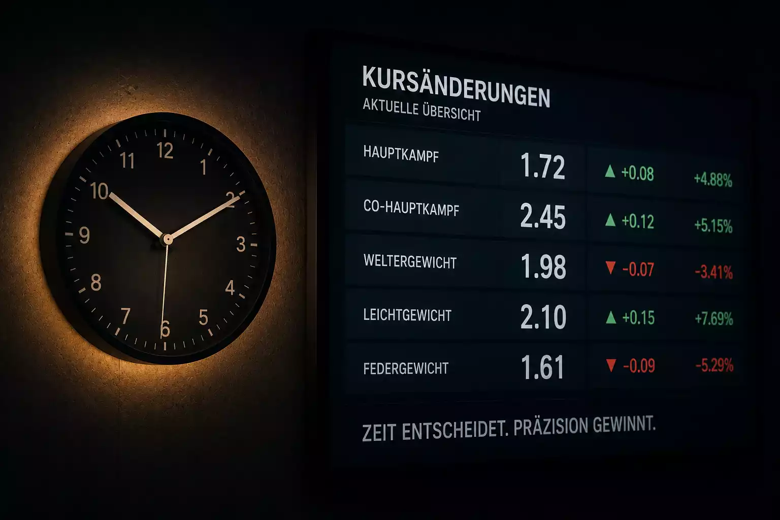 Uhr mit sich bewegenden Quotenzahlen als Symbol für das Timing bei UFC-Wetten